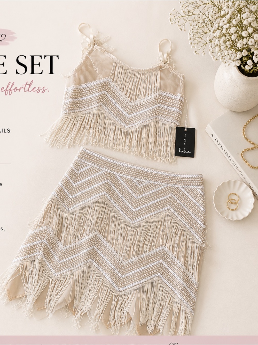 Lulus Cream Fringe Two Piece Set Size M Boho Sequin Mini Skirt Set NWT